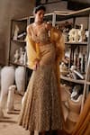 Buy_Mehul Gupta_Gold Net, Organza Beads, Sequins, Embroidery V-neck Hand Lehenga Set _Online_at_Aza_Fashions
