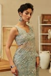 Mehul Gupta_Blue Organza, Georgette Sequins Ice Hand Embroidered Pre-draped Saree Set _Online_at_Aza_Fashions