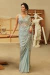 Shop_Mehul Gupta_Blue Organza, Georgette Sequins Ice Hand Embroidered Pre-draped Saree Set _at_Aza_Fashions