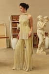 Mehul Gupta_Yellow Net Beads, Embroidery, Pearls Halter Neck Lemon Hand Tunic Sharara Set _Online_at_Aza_Fashions