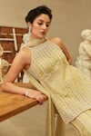Shop_Mehul Gupta_Yellow Net Beads, Embroidery, Pearls Halter Neck Lemon Hand Tunic Sharara Set _Online_at_Aza_Fashions