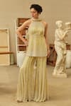 Buy_Mehul Gupta_Yellow Net Beads, Embroidery, Pearls Halter Neck Lemon Hand Tunic Sharara Set _at_Aza_Fashions