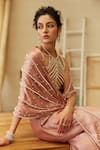 Mehul Gupta_Pink Crepe Pearls Round Neck Rose Hand Embroidered Pre-draped Saree _Online_at_Aza_Fashions