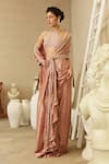 Shop_Mehul Gupta_Pink Crepe Pearls Round Neck Rose Hand Embroidered Pre-draped Saree _at_Aza_Fashions