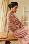 Shop_Mehul Gupta_Pink Crepe Pearls Round Neck Rose Hand Embroidered Pre-draped Saree _Online_at_Aza_Fashions