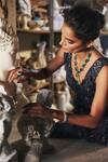 Mehul Gupta_Blue Net Sequins, Embroidery V-neck Navy Hand Jacket Tunic And Sharara Set _Online_at_Aza_Fashions