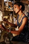 Shop_Mehul Gupta_Blue Net Sequins, Embroidery V-neck Navy Hand Jacket Tunic And Sharara Set 