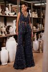 Shop_Mehul Gupta_Blue Net Sequins, Embroidery V-neck Navy Hand Jacket Tunic And Sharara Set _at_Aza_Fashions