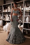 Buy_Mehul Gupta_Silver Net Sequins, Embroidery Sweetheart Neck And Blue Hand Lehenga Set _at_Aza_Fashions