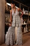 Buy_Mehul Gupta_Ivory Net Embroidery Halter Neck And Grey Hand Tunic Sharara Set _at_Aza_Fashions