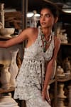 Shop_Mehul Gupta_Ivory Net Embroidery Halter Neck And Grey Hand Tunic Sharara Set _Online_at_Aza_Fashions