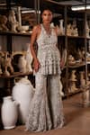 Shop_Mehul Gupta_Ivory Net Embroidery Halter Neck And Grey Hand Tunic Sharara Set _at_Aza_Fashions