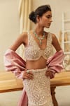 Mehul Gupta_Pink Net, Organza Sequins, Beads V-neck And Silver Hand Embroidered Designer Set _Online_at_Aza_Fashions