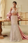 Buy_Mehul Gupta_Pink Net, Organza Sequins, Beads V-neck And Silver Hand Embroidered Designer Set _at_Aza_Fashions