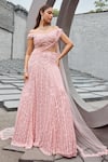 Mehul Gupta_Pink Net, Lycra Sequins, Embroidery Off-shoulder Hand Lehenga Set _Online_at_Aza_Fashions