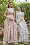 Buy_Mehul Gupta_Ivory Net, Lycra Embroidery, Tassels Round Neck And Pink Hand Lehenga Set 