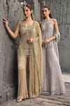 Mehul Gupta_Gold Net Beads, Sequins, Embroidery V-neck Hand Tunic Sharara Set _Online_at_Aza_Fashions