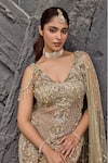 Mehul Gupta_Gold Net Beads, Sequins, Embroidery V-neck Hand Tunic Sharara Set _at_Aza_Fashions