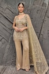 Buy_Mehul Gupta_Gold Net Beads, Sequins, Embroidery V-neck Hand Tunic Sharara Set _at_Aza_Fashions