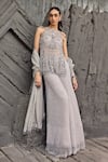 Buy_Mehul Gupta_Silver Net Embroidery, Sequins, Beads Scoop Neck Hand Tunic Sharara Set _at_Aza_Fashions