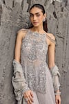 Buy_Mehul Gupta_Silver Net Embroidery, Sequins, Beads Scoop Neck Hand Tunic Sharara Set _Online_at_Aza_Fashions