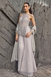 Shop_Mehul Gupta_Silver Net Embroidery, Sequins, Beads Scoop Neck Hand Tunic Sharara Set _Online_at_Aza_Fashions
