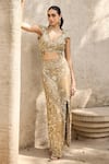 Buy_Mehul Gupta_Gold Net Embroidery, Sequins V-neck Hand Skirt Set _Online_at_Aza_Fashions