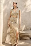 Buy_Mehul Gupta_Gold Net Embroidery, Sequins V-neck Hand Skirt Set _at_Aza_Fashions