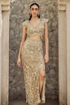 Buy_Mehul Gupta_Gold Net Embroidery, Sequins V-neck Hand Skirt Set 