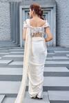 Shop_Mehul Gupta_Ivory Lycra, Satin Embroidery Off-shoulder And Coral Hand Saree Set _at_Aza_Fashions