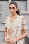Mehul Gupta_Ivory Satin Pearls, Tassels V-neck Hand Embroidered Pre-draped Saree Set _Online_at_Aza_Fashions