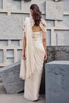 Shop_Mehul Gupta_Ivory Satin Pearls, Tassels V-neck Hand Embroidered Pre-draped Saree Set _at_Aza_Fashions
