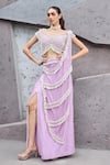 Buy_Mehul Gupta_Purple Net Beads, Pearls, Embroidery Lavender Hand Pre-draped Saree Set _at_Aza_Fashions