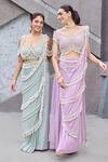 Mehul Gupta_Purple Net Beads, Pearls, Embroidery Lavender Hand Pre-draped Saree Set _Online_at_Aza_Fashions