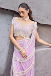 Buy_Mehul Gupta_Purple Net Beads, Pearls, Embroidery Lavender Hand Pre-draped Saree Set _Online_at_Aza_Fashions