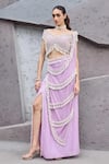 Shop_Mehul Gupta_Purple Net Beads, Pearls, Embroidery Lavender Hand Pre-draped Saree Set _at_Aza_Fashions