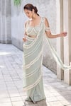 Buy_Mehul Gupta_Green Net Tassels Round Neck Sage Hand Embroidered Pre-draped Saree Set _Online_at_Aza_Fashions