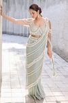 Shop_Mehul Gupta_Green Net Tassels Round Neck Sage Hand Embroidered Pre-draped Saree Set _Online_at_Aza_Fashions
