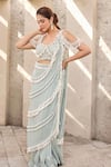 Buy_Mehul Gupta_Green Net Tassels Round Neck Sage Hand Embroidered Pre-draped Saree Set _at_Aza_Fashions