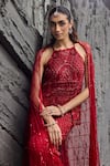 Buy_Mehul Gupta_Red Net Embroidery Halter Neck Hand Tunic And Palazzo Set _Online_at_Aza_Fashions