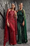 Mehul Gupta_Red Net Embroidery Halter Neck Hand Tunic And Palazzo Set _at_Aza_Fashions