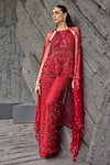 Buy_Mehul Gupta_Red Net Embroidery Halter Neck Hand Tunic And Palazzo Set 