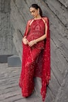 Shop_Mehul Gupta_Red Net Embroidery Halter Neck Hand Tunic And Palazzo Set 
