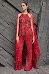 Buy_Mehul Gupta_Red Net Embroidery Halter Neck Hand Tunic And Palazzo Set _at_Aza_Fashions