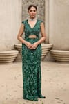 Mehul Gupta_Green Net Embroidery V-neck Hand Skirt Set _Online_at_Aza_Fashions