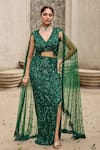 Mehul Gupta_Green Net Embroidery V-neck Hand Skirt Set _at_Aza_Fashions