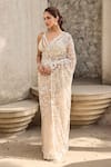Buy_Mehul Gupta_Ivory Organza, Georgette Pearls, Embroidery Scoop Hand Pre-draped Saree Set _at_Aza_Fashions