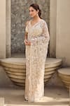 Mehul Gupta_Ivory Organza, Georgette Pearls, Embroidery Scoop Hand Pre-draped Saree Set _at_Aza_Fashions