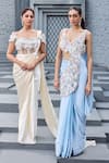 Mehul Gupta_Sky Blue Satin Embroidery V-neck Hand Pre-draped Saree Set _Online_at_Aza_Fashions