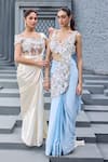 Buy_Mehul Gupta_Sky Blue Satin Embroidery V-neck Hand Pre-draped Saree Set _Online_at_Aza_Fashions